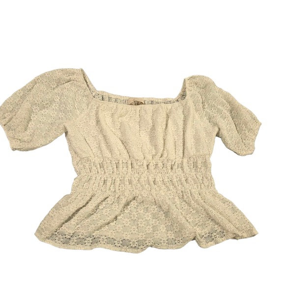 Tops - Belle Poque Blouse Top Womens Beige M Smocked Puff Sleeve Floral Stretch‎ Raglan